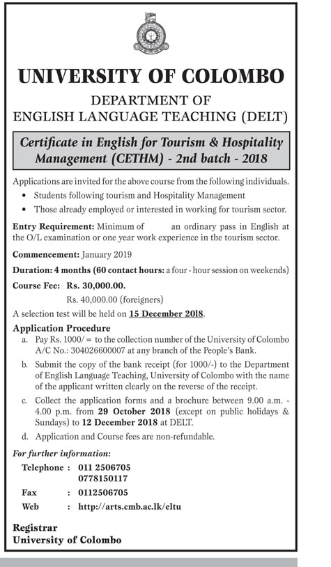 Certificate in English for Tourism & Hospitality Management (CETHM) - Department of English Language Teaching - University of Colombo